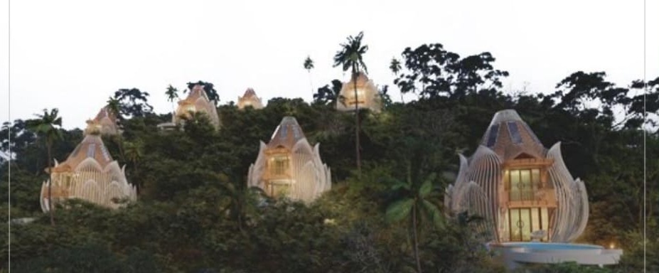 Panoramic visual reference of multiple Lotus villas stepping down the forested ridge above New Chandigarh