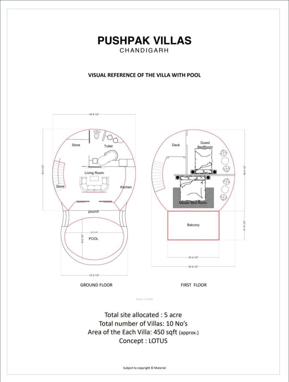 Floor plan drawing for Concept Lotus showing Ground Floor living room, kitchen, plunge pool and First Floor master suite