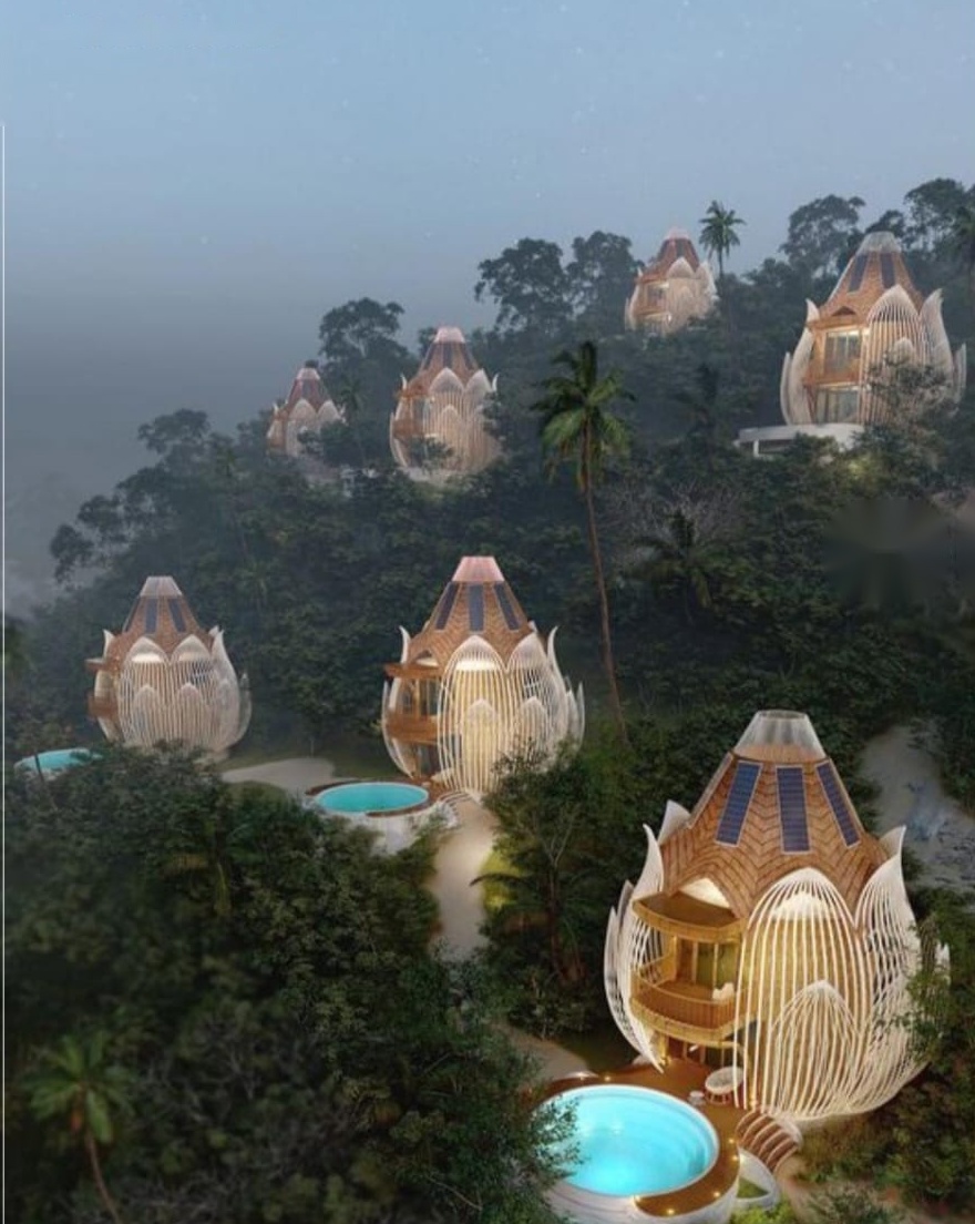 Lotus concept villas perched on a forested ridge at dusk with plunge pools overlooking the Shivalik foothills