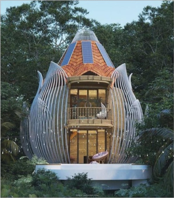 Concept Lotus Villa architectural exterior featuring ribbed timber petals, curved glass facade and plunge pool deck