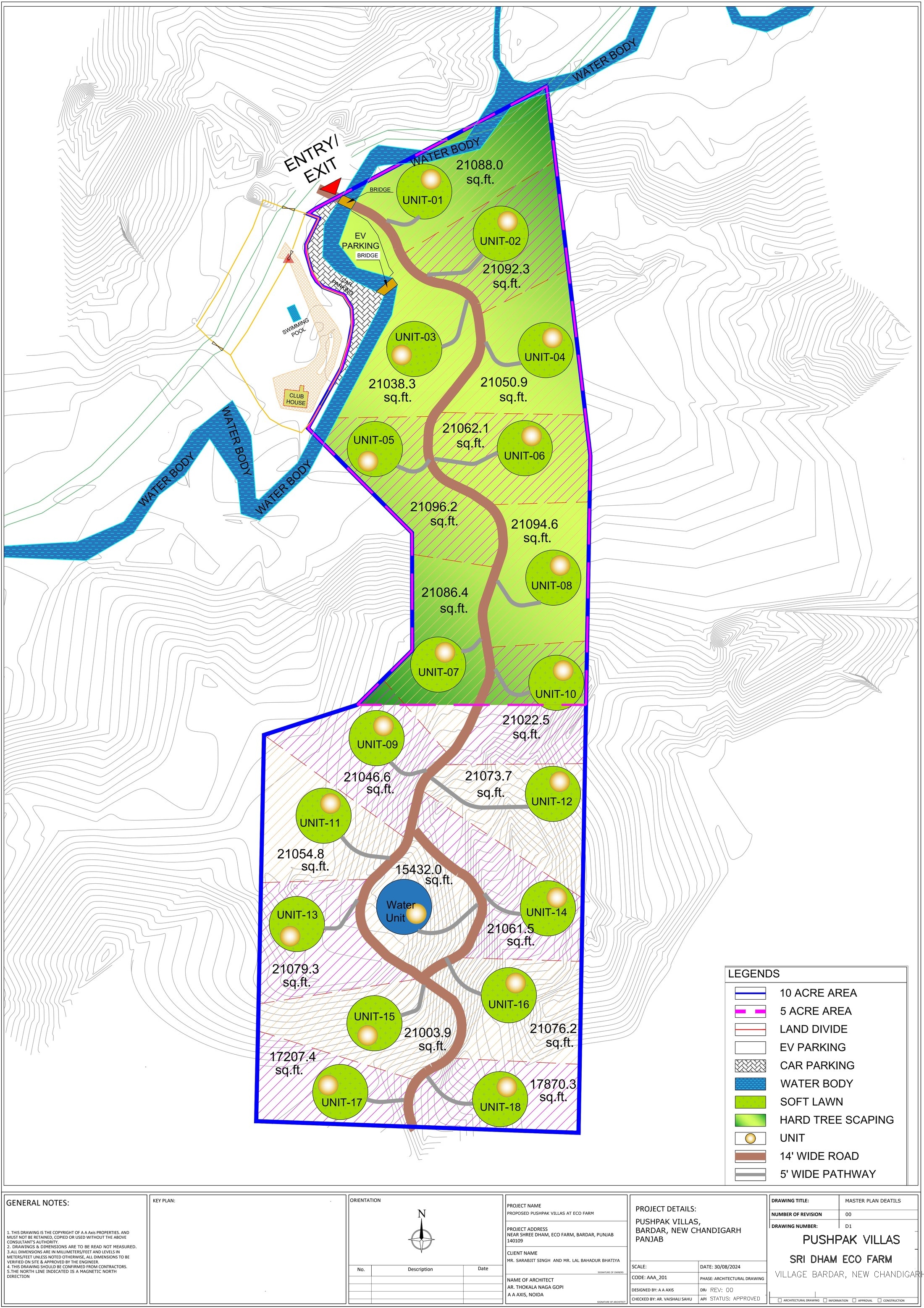 Master Plan Detail Drawing D1 Rev 00 showing 18 farmhouse plots, streams, roads, EV parking and clubhouse