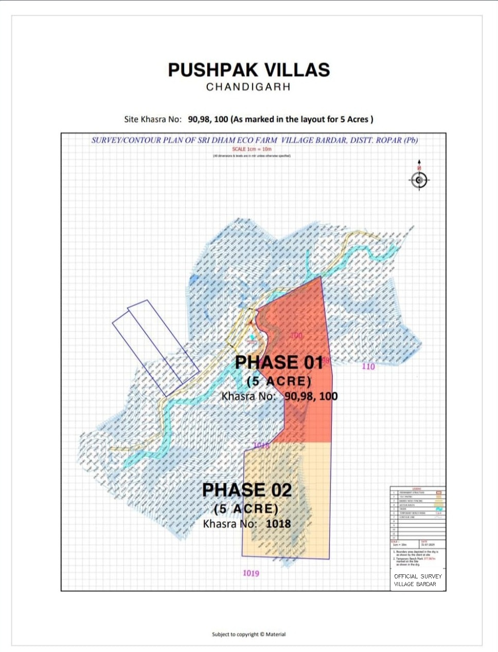 Official revenue contour survey of the site in Village Bardar showing Phase 1 and Phase 2 khasra boundary lines